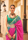 French Pink And Green Woven Printed Patola Silk Saree