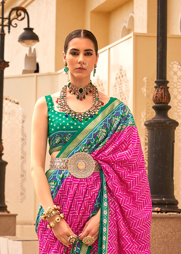 French Pink And Green Woven Printed Patola Silk Saree
