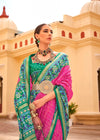 French Pink And Green Woven Printed Patola Silk Saree