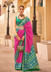 French Pink And Green Woven Printed Patola Silk Saree