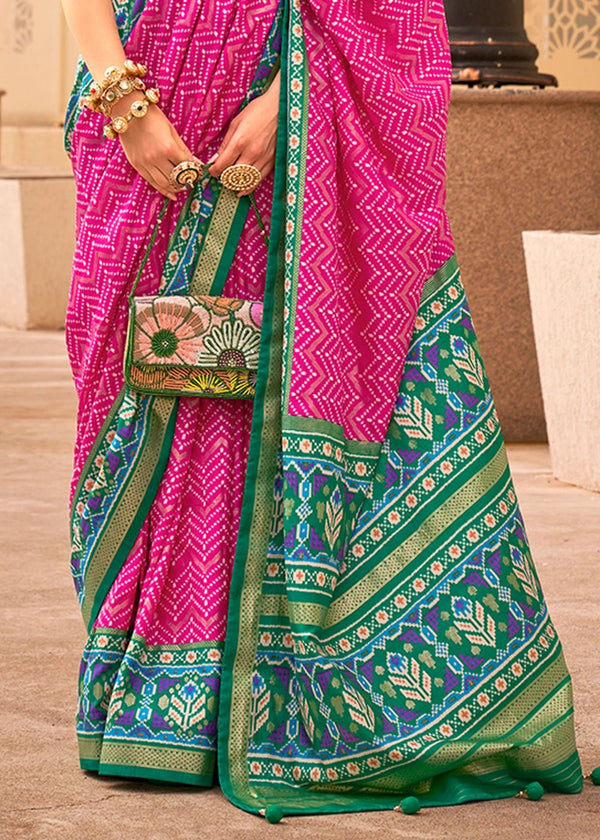 French Pink And Green Woven Printed Patola Silk Saree