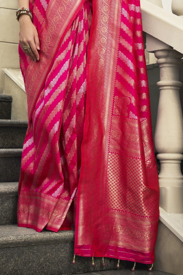Fuchsia Pink Banarasi Silk Saree with Gold Zari Work
