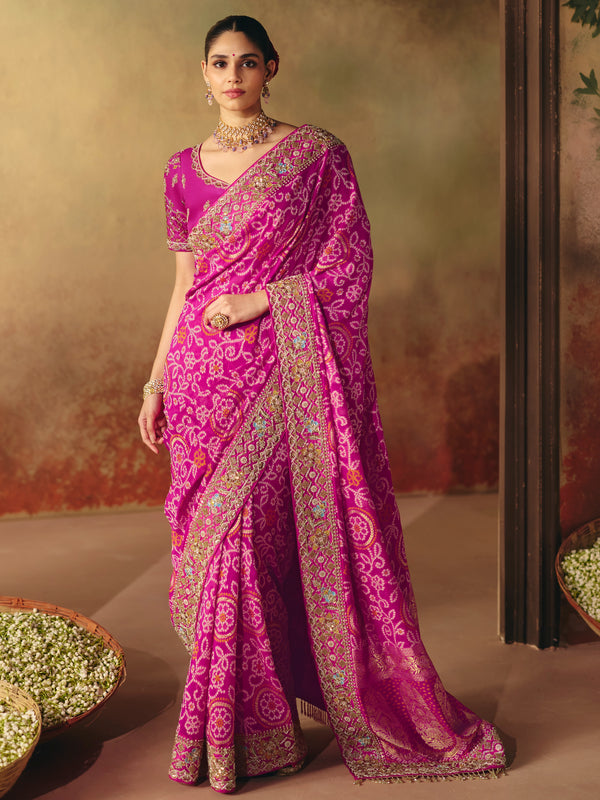Fuchsia Pink Bandhani Banarasi Georgette Saree