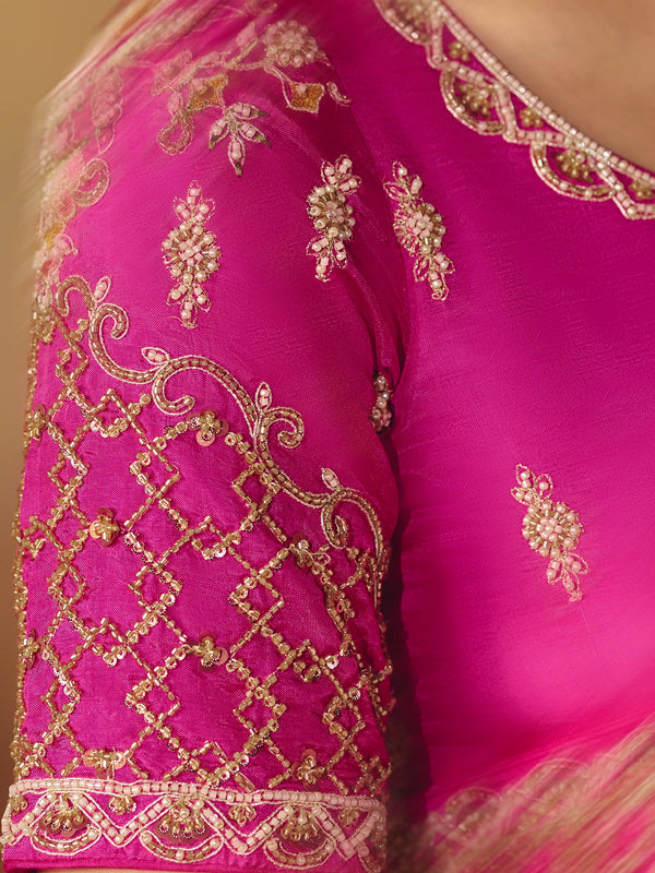 Fuchsia Pink Bandhani Banarasi Georgette Saree, blouse close-up