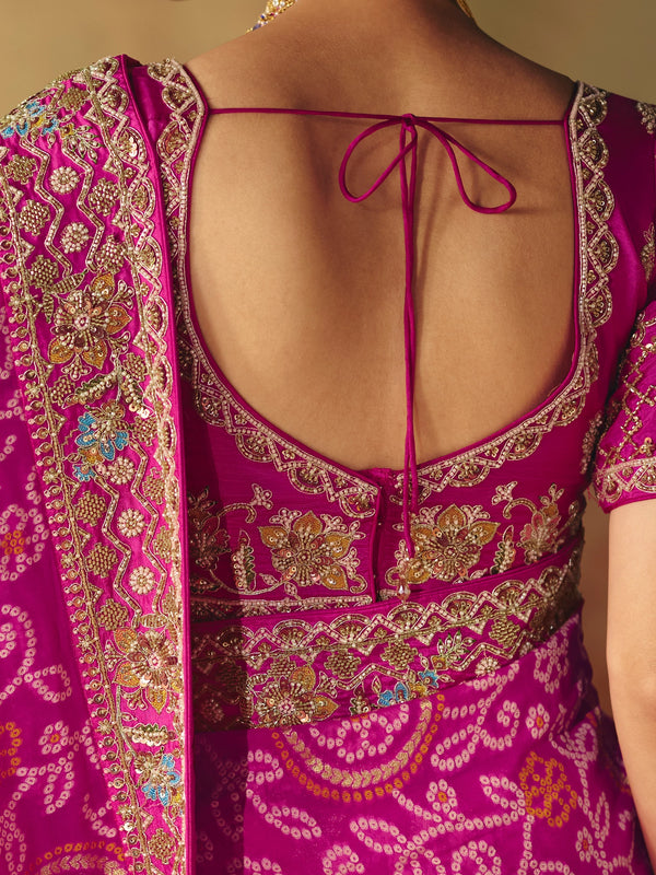 Fuchsia Pink Bandhani Banarasi Georgette Saree, back view