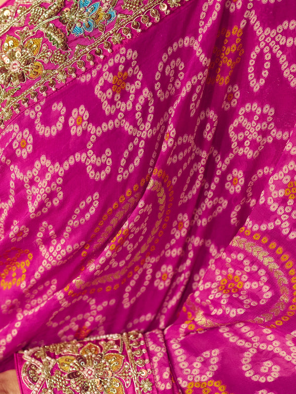 Fuchsia Pink Bandhani Banarasi Georgette Saree, fabric close-up