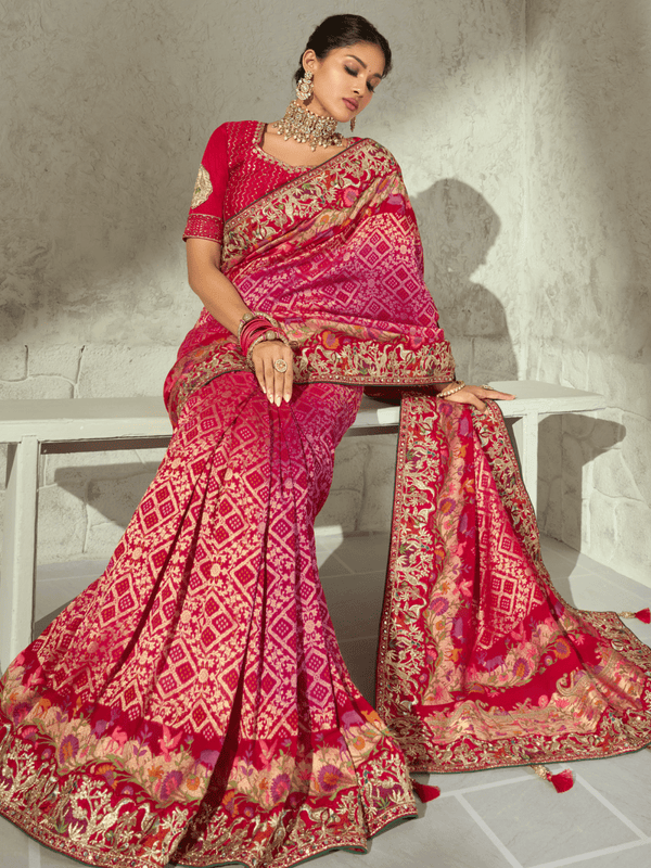 Fuchsia Pink Bandhani Banarasi Georgette Saree With Contrast Blouse