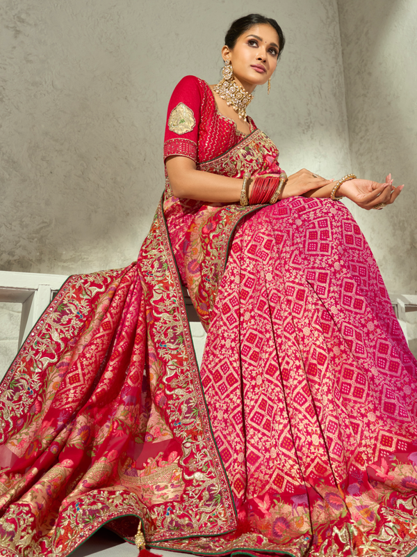 Fuchsia Pink Bandhani Banarasi Georgette Saree With Contrast Blouse