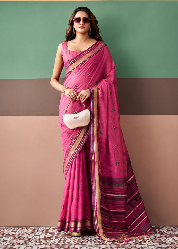 Fuchsia Pink Woven Designer Cotton Saree
