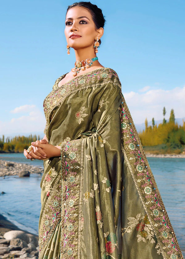 Gold Olive Green Zari Woven Embroidery Banarasi Designer Silk Saree