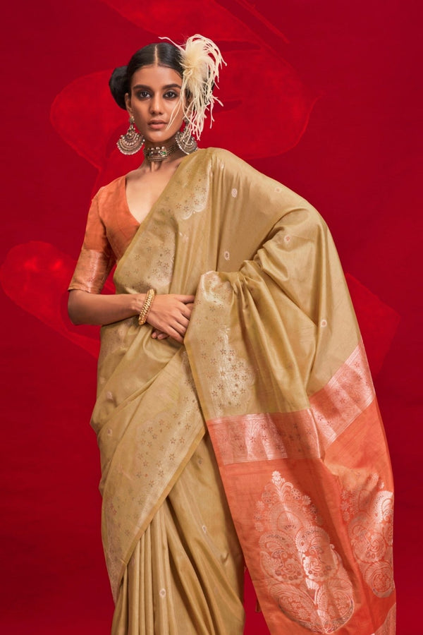 Golden Beige Banarasi Tussar Silk Saree