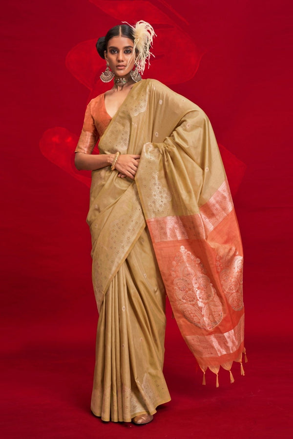 Golden Beige Banarasi Tussar Silk Saree
