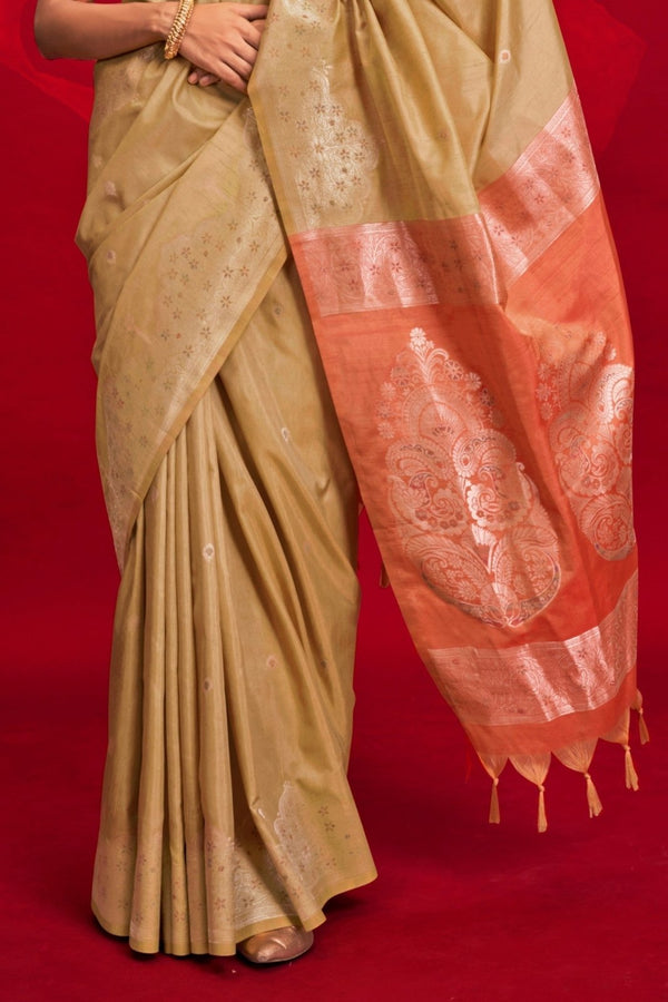 Golden Beige Banarasi Tussar Silk Saree