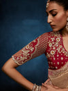 Golden Beige Designer Silk Saree with Contrast Maroon Blouse