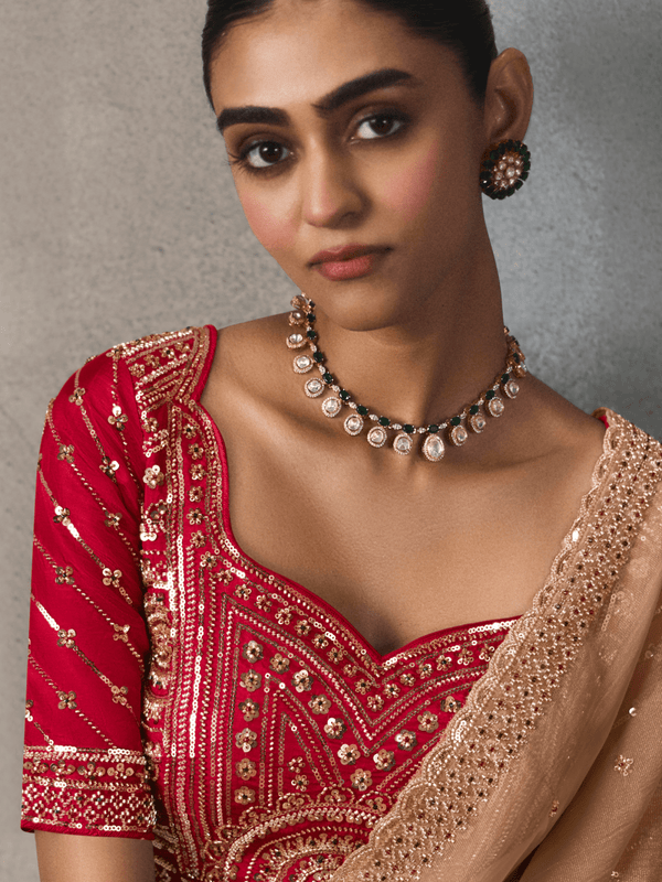 Golden Beige Designer Tissue Silk Saree With Contrast Blouse