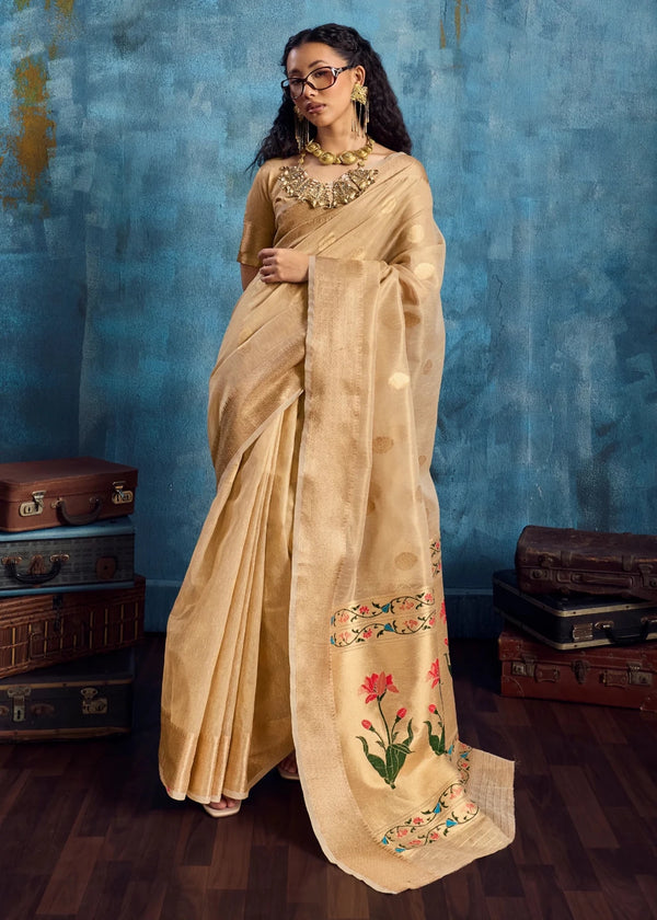 Golden Beige Paithani Tissue Silk Saree
