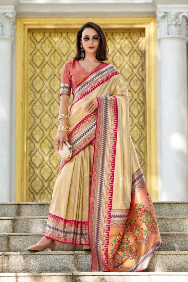 Golden Beige Tissue Ikat Silk Saree
