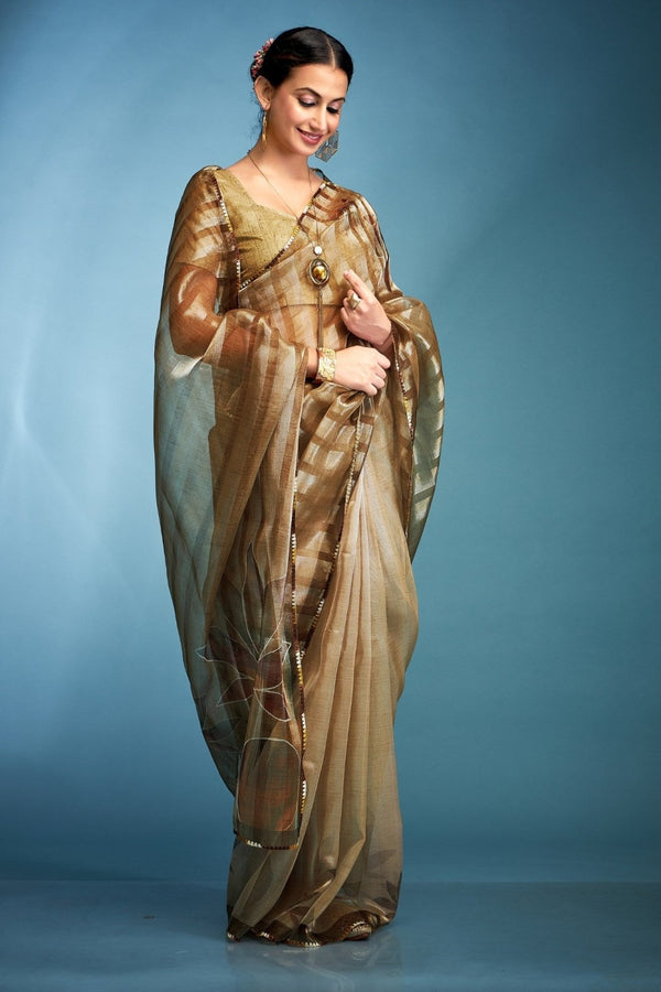 Golden Brown Printed Tissue Silk Saree
