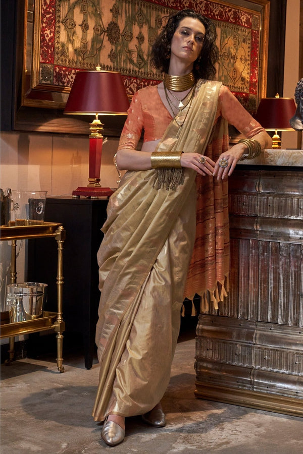 Golden Brown Tussar Silk Saree With Ikkat Pallu and Contrast Blouse