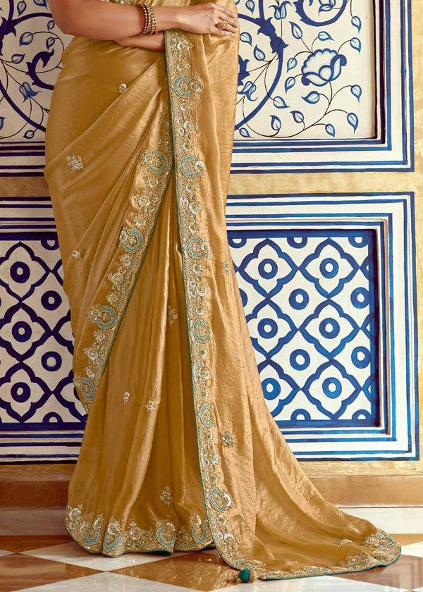 Golden Designer Silk Saree With Zari Embroidery