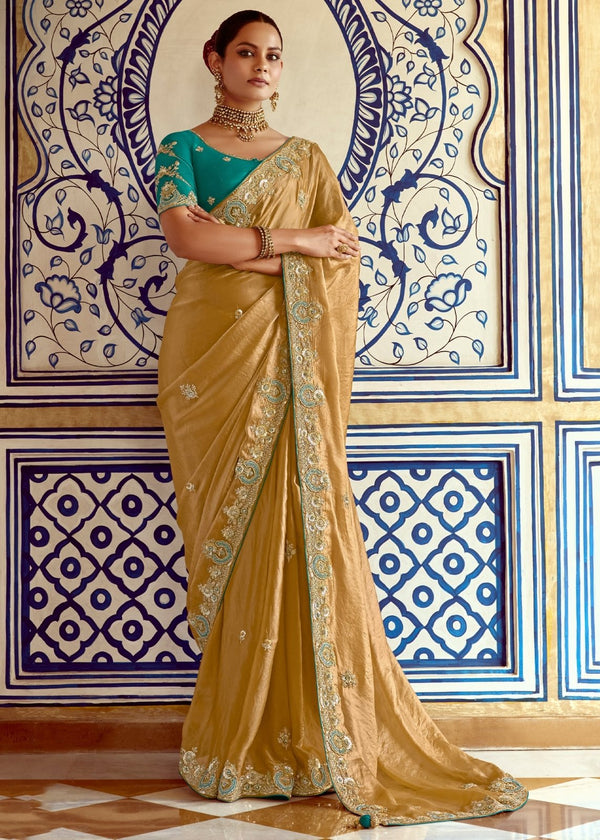 Golden Designer Silk Saree With Zari Embroidery