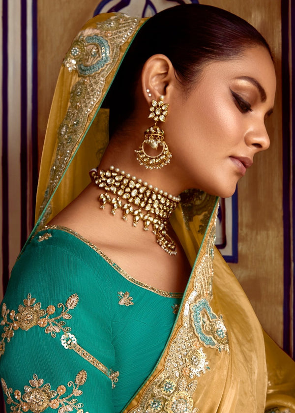 Golden Designer Silk Saree With Zari Embroidery