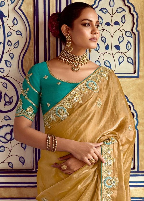 Golden Designer Silk Saree With Zari Embroidery