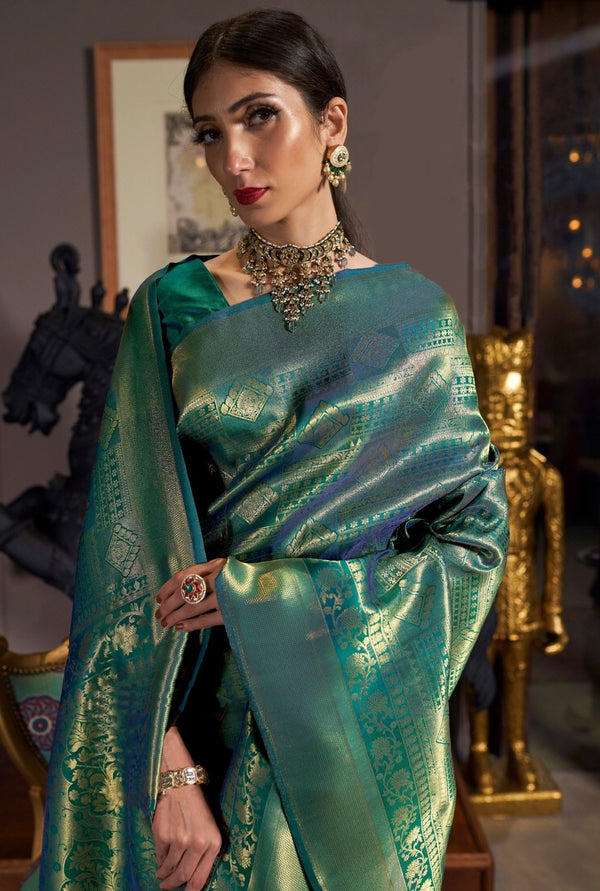 Golden Green Kanjivaram Saree