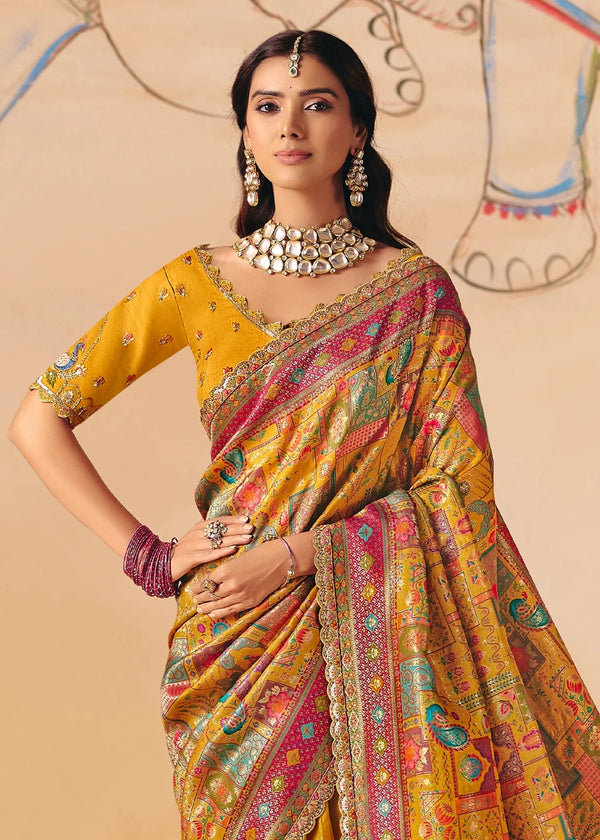 Golden Mustard Marigold Pichwai Designer Dola Silk Saree