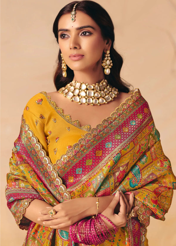 Golden Mustard Marigold Pichwai Designer Dola Silk Saree