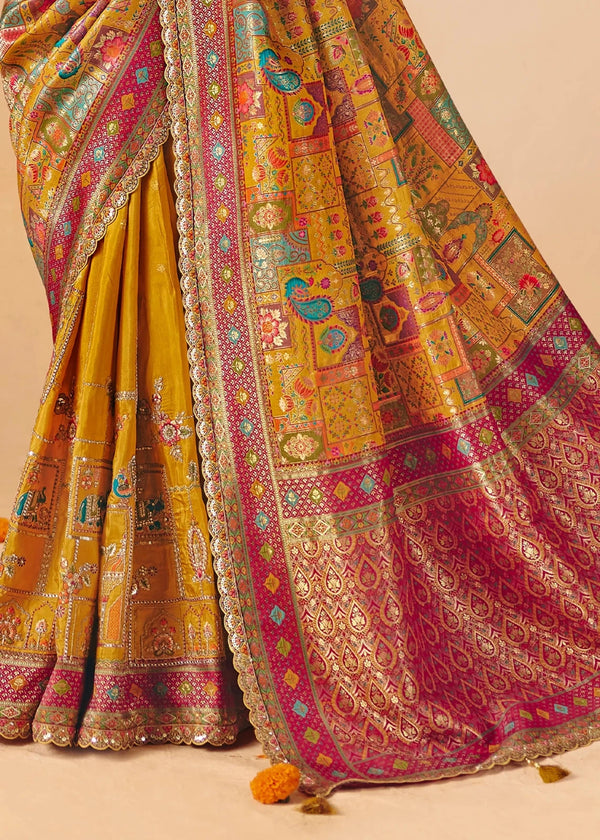 Golden Mustard Marigold Pichwai Designer Dola Silk Saree