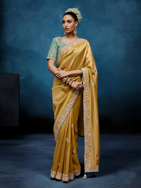 Golden Olive Designer Silk Saree with Teal Blue Contrast Blouse