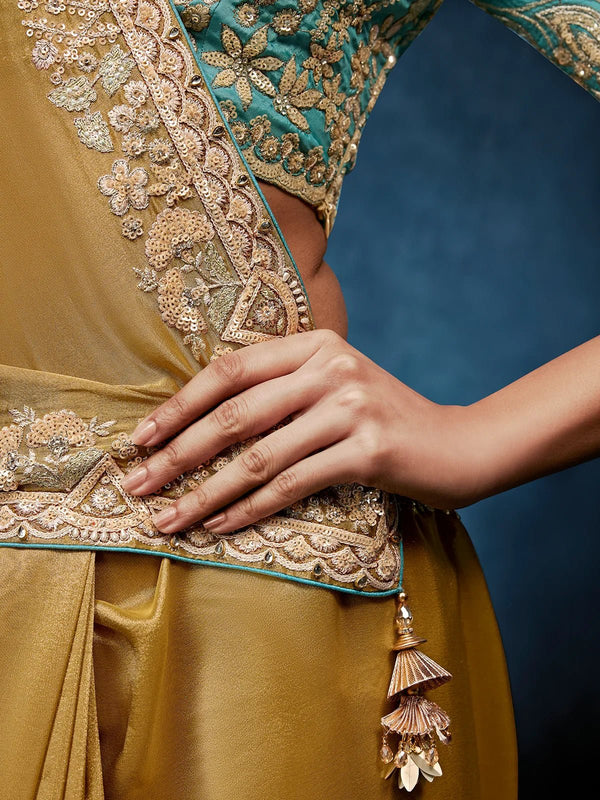 Golden Olive Designer Silk Saree with Teal Blue Contrast Blouse
