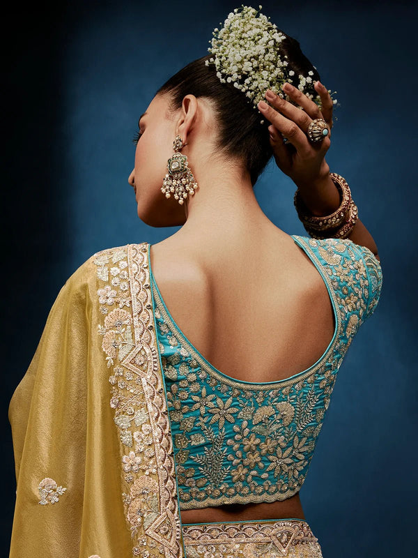 Golden Olive Designer Silk Saree with Teal Blue Contrast Blouse