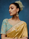Golden Olive Designer Silk Saree with Teal Blue Contrast Blouse