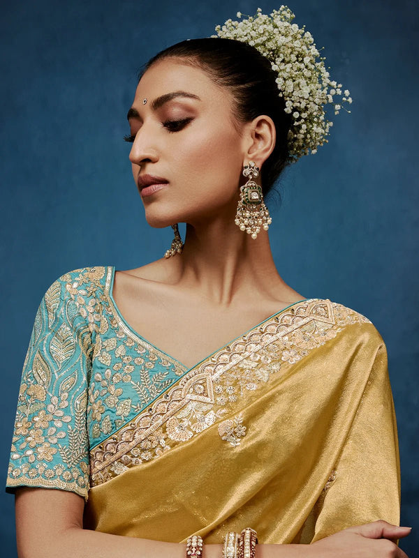 Golden Olive Designer Silk Saree with Teal Blue Contrast Blouse