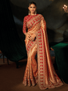Golden Orange Embroidered Designer Tissue Silk Saree With Contrast Blouse