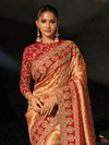 Golden Orange Embroidered Designer Tissue Silk Saree With Contrast Blouse