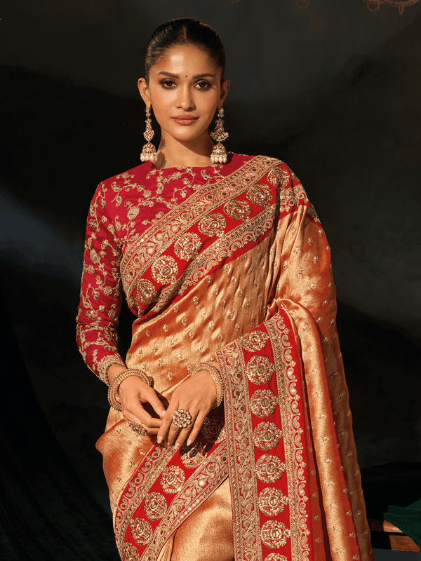 Golden Orange Embroidered Designer Tissue Silk Saree With Contrast Blouse
