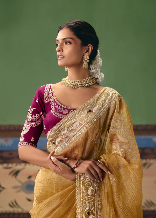 Golden Tissue Silk Saree with Magenta Contrast Blouse
