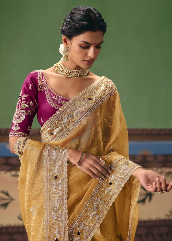 Golden Tissue Silk Saree with Magenta Contrast Blouse