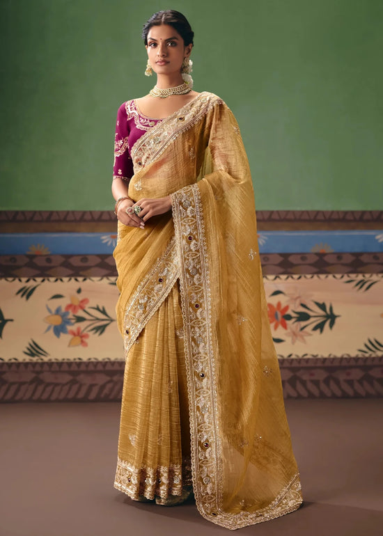 Golden Tissue Silk Saree with Magenta Contrast Blouse