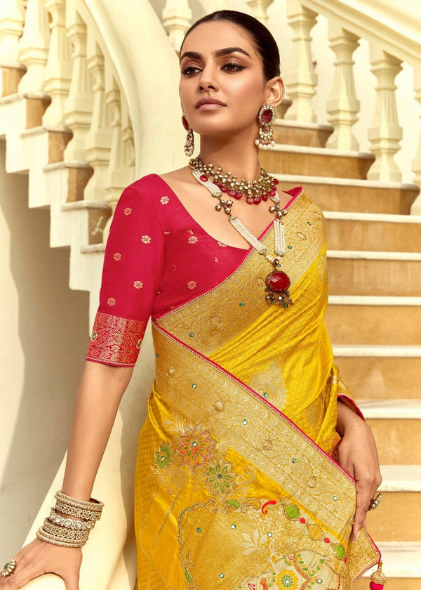 Golden Yellow Banarasi Silk Saree With Contrast Blouse