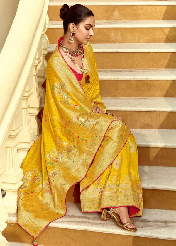 Golden Yellow Banarasi Silk Saree With Contrast Blouse