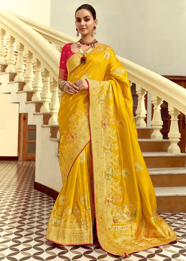 Golden Yellow Banarasi Silk Saree With Contrast Blouse