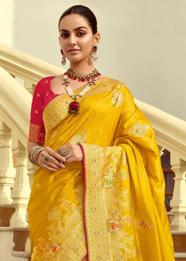 Golden Yellow Banarasi Silk Saree With Contrast Blouse