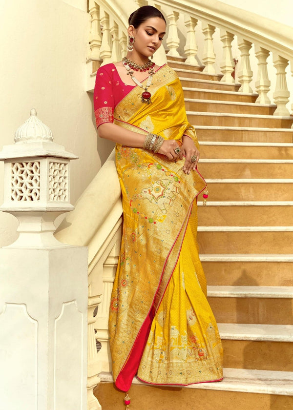 Golden Yellow Banarasi Silk Saree With Contrast Blouse