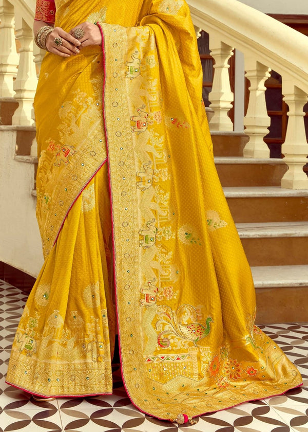 Golden Yellow Banarasi Silk Saree With Contrast Blouse
