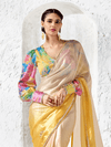 Golden Yellow Embroidered Designer Organza Silk Saree With Contrast Blouse