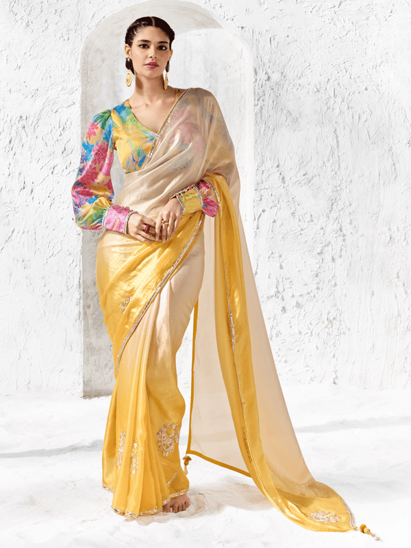 Golden Yellow Embroidered Designer Organza Silk Saree With Contrast Blouse